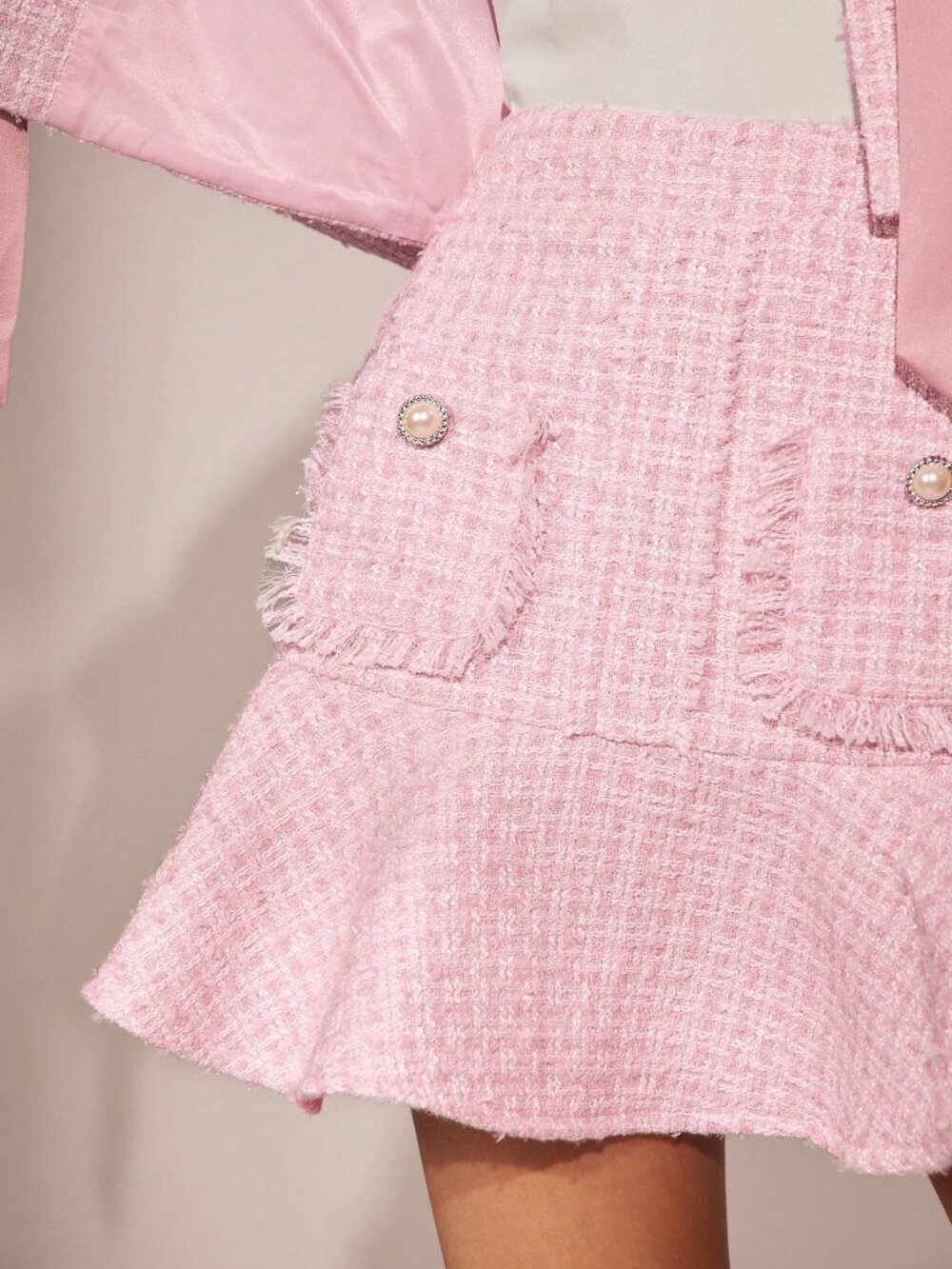 Pink Romantic Women's Pearl Buttons, Ruffle Hem tweed Mini Skirt , - Picture 4 of 7